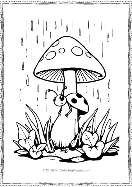 Ladybug Seeking Shelter Under Mushroom In The Rain Free PDF Printable