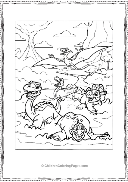 Little Foot Spike Petrie And Cera Slidding Down A Grassy Hill Free PDF Printable