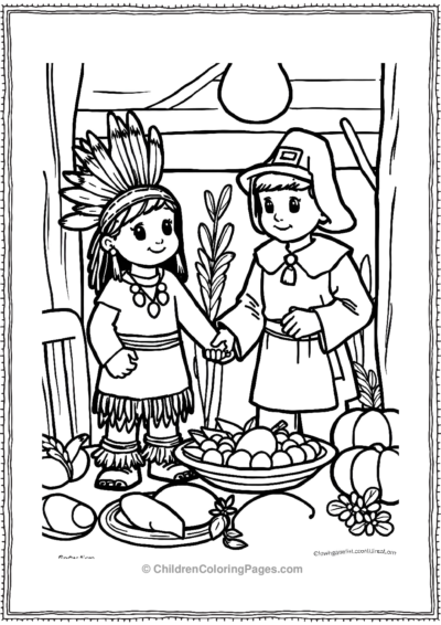 Native-American-Child-And-Pilgrim-Child-Sharing-Food Free PDF Printable