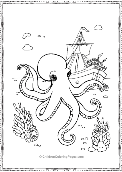 Octopus Floating Near A Ship Wreck Free PDF Printable