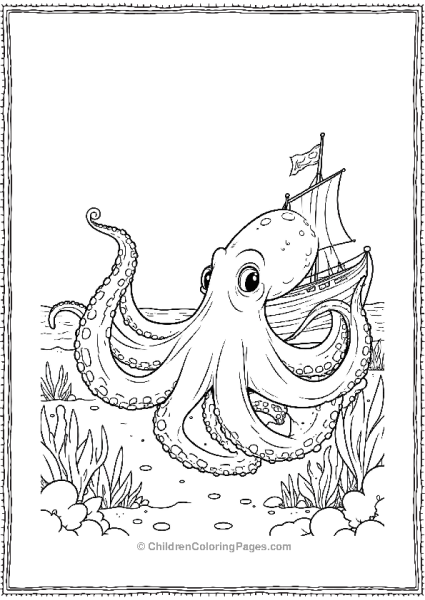 Octopus Swimming Near A Sunken Ship Free PDF Printable