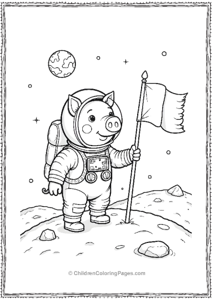 Pig Astronaut Planting A Flag On Moon Free PDF Printable