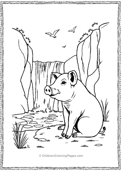 Pig Sitting By A Waterfall Free PDF Printable