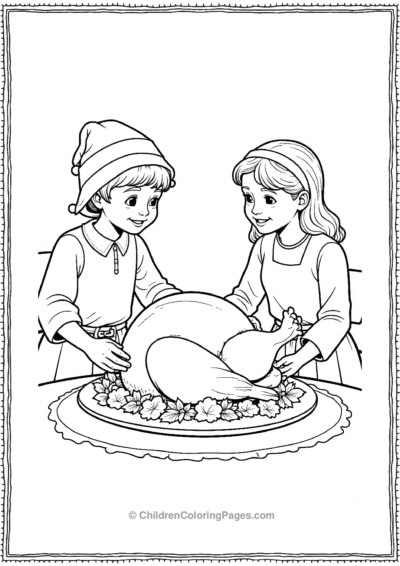 Pilgrim-Boy-And-Girl-Placing-A-Large-Roasted-Turkey Free PDF Printable