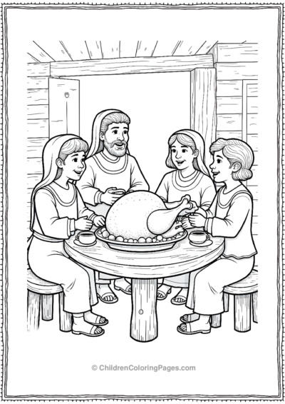 Pilgrim-Family-Gathered-Around-A-Rustic-Wooden-Table Free PDF Printable