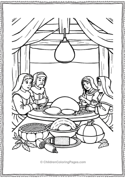 Pilgrim-Family-Sitting-Around-A-Thanksgiving-Feast Free PDF Printable