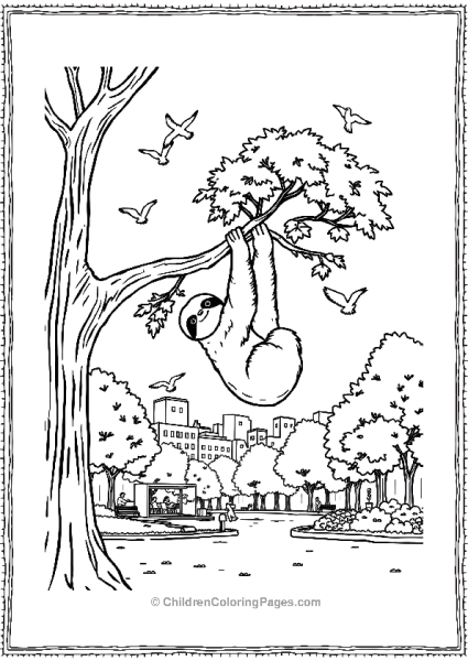 Sloth Hanging From A Tree In City Park Free PDF Printable