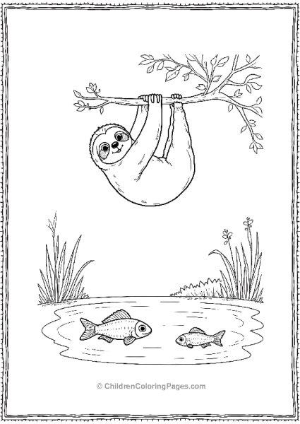 Sloth Hanging Over A Branch With Fish In Pond Below Free PDF Printable