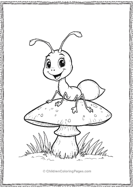 Smiling Ant On A Mushroom Cartoon Free PDF Printable