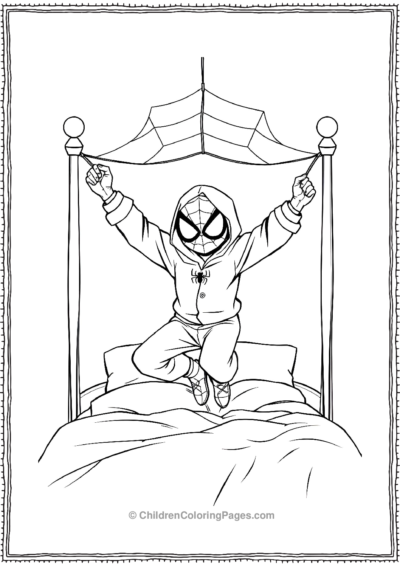 Spidey-In-Pajamas-Swinging-With-The-Bed-Post Free PDF Printable