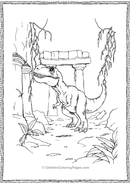 T Rex Exploring An Old Temple Free PDF Printable