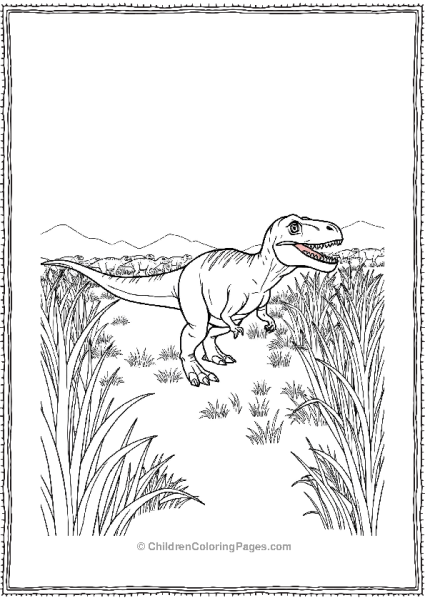 T Rex In Grassy Field With Distant Mountains Free PDF Printable