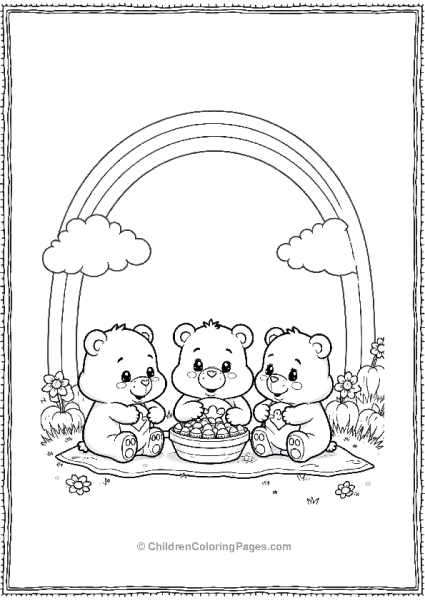 Three Care Bears Enjoying A Picnic Under A Rainbow Free PDF Printable