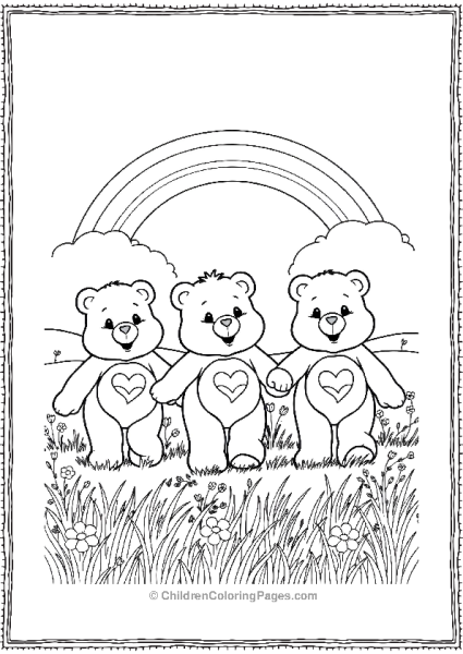 Three Care Bears Walking Through A Field Of Flowers Under A Rainbow Free PDF Printable