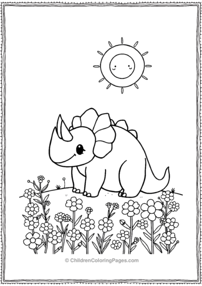 Triceratops-Sitting-In-A-Field-Of-Flowers Free PDF Printable