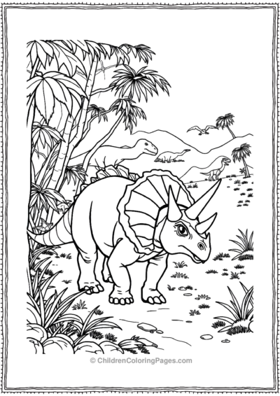 Triceratops-Walking-In-Jungle-With-Other-Dinosaurs Free PDF Printable