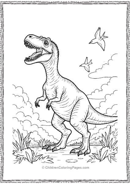 Velociraptor Roaring With Clouds And Flying Bird Free PDF Printable