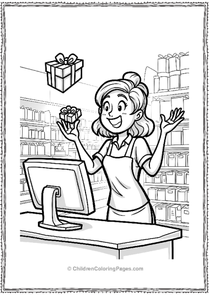 A Cheerful Cashier Juggling Black Friday Gifts Free PDF Printable