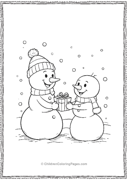 A Cheerful Snowman Giving A Small Present To Another Free PDF Printable