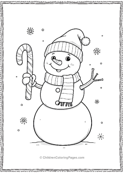 A Cheerful Snowman Holding A Candy Cane Free PDF Printable