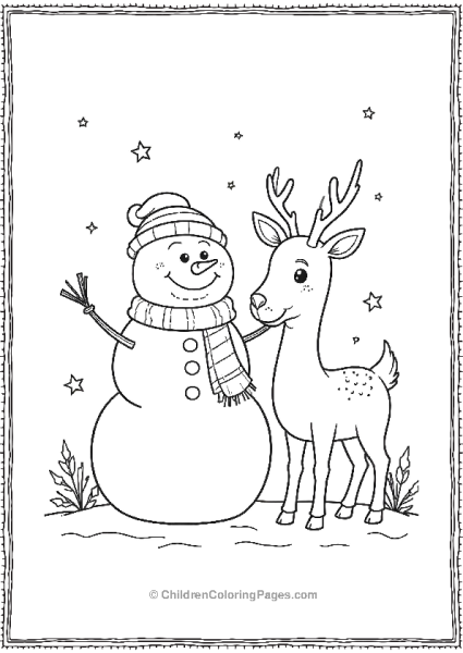 A Cheerful Snowman Standing Next To A Friendly Deer Free PDF Printable