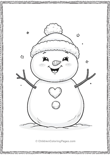 A Chubby Kawaii Snowman With A Heart Shaped Button Free PDF Printable