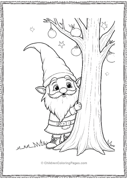 A Gnome Hiding Behind A Decorated Tree Scaled Free PDF Printable