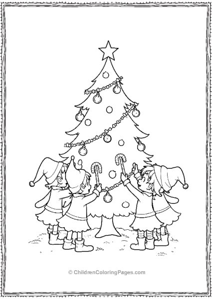 A Group Of Elves Decorating A Christmas Tree Free PDF Printable