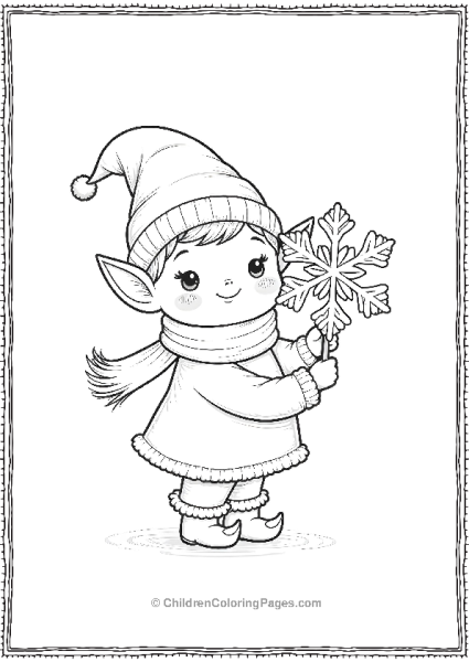 A Kawaii Elf Holding A Giant Snowflake With Rosy Cheeks Free PDF Printable