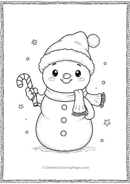 A Kawaii Snowman Holding A Miniature Candy Cane Free PDF Printable