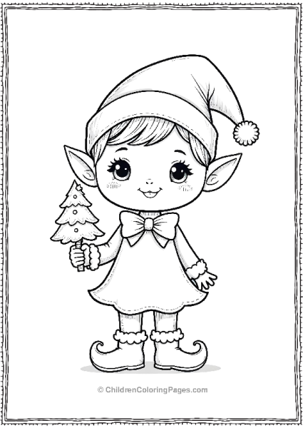 A Kawaii Style Elf With A Candy Cane Bowtie Holding A Candy Cane Free PDF Printable