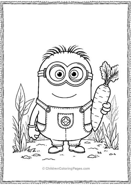 A Minion Standing In A Garden Holding A Carrot Free PDF Printable