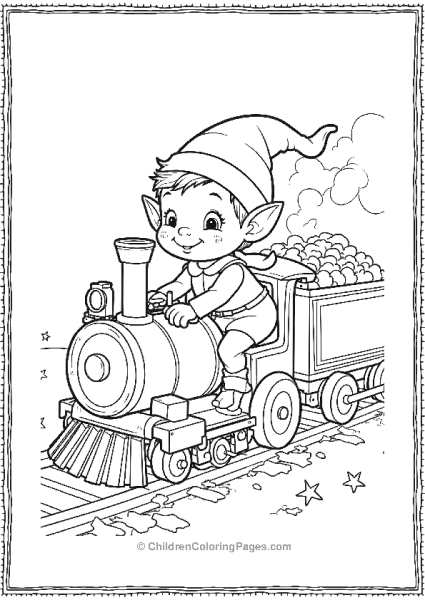 A Playful Elf Riding A Toy Train Around The Workshop Free PDF Printable