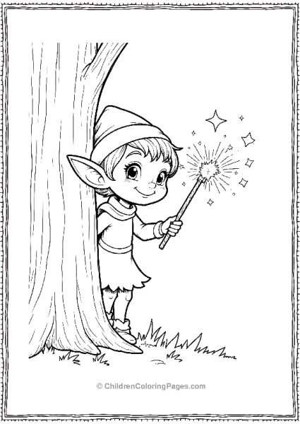 A Playful Forest Elf Peeking From Behind A Tree Free PDF Printable