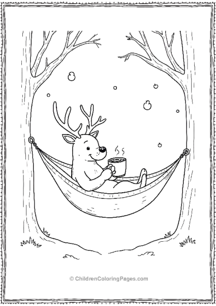 A Reindeer Relaxing In A Hammock Between Two Snowy Trees Free PDF Printable