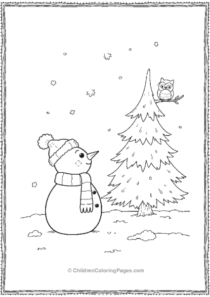 A Snowman Gazing Up At A Large Snow Covered Pine Tree Free PDF Printable