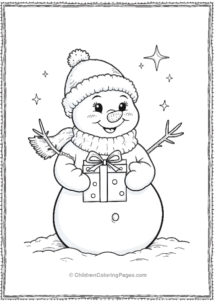 A Snowman Happily Holding A Present Wrapped In Paper Free PDF Printable