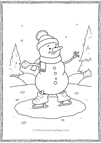 A Snowman Ice Skating On A Small Frozen Pond Free PDF Printable