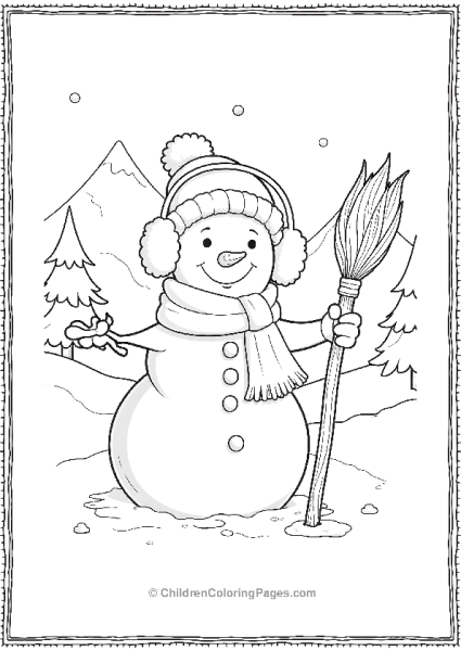 A Snowman Wearing Earmuffs And Holding A Broom Free PDF Printable