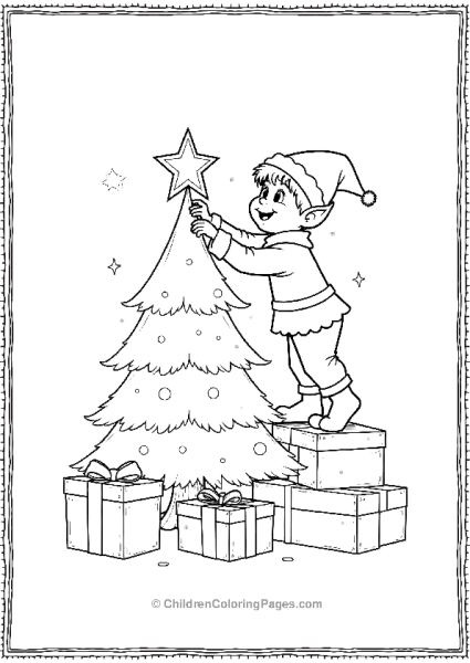 An Elf Carefully Placing A Golden Star On Top Of A Christmas Tree Free PDF Printable