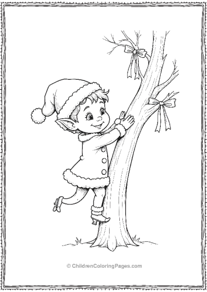 An Elf Dressed In A Santa Hat Climbing A Tree Free PDF Printable