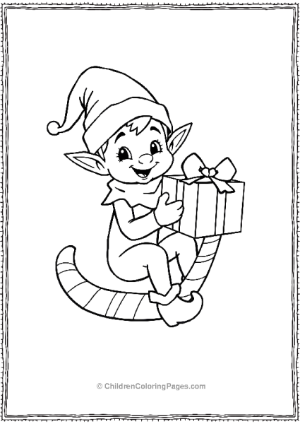 An Elf Holding A Gift Sitting On A Candy Cane Free PDF Printable