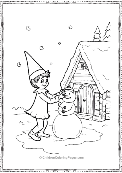 An Elf On The Shelf Building A Snowman Outside A Cabin Free PDF Printable