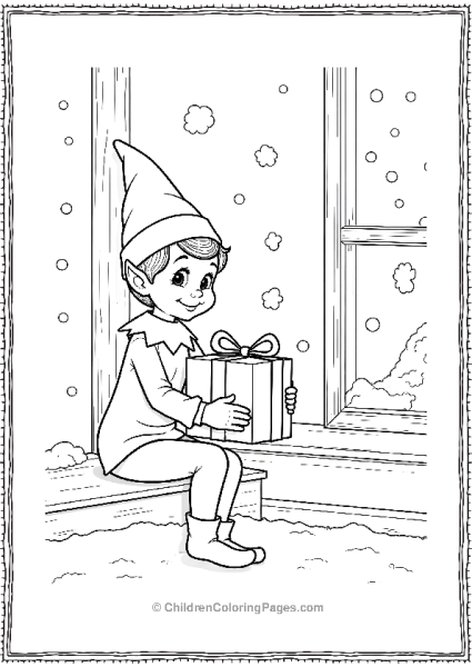 An Elf On The Shelf Holding A Wrapped Gift Near A Fireplace Free PDF Printable