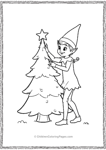 An Elf On The Shelf Placing A Star On Top Of A Christmas Tree Free PDF Printable