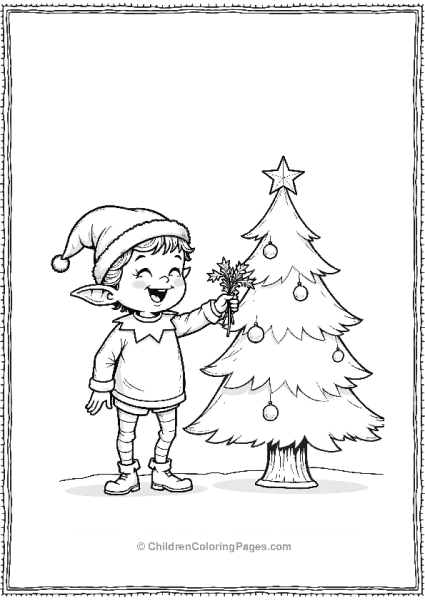 An Elf Standing Next To The Christmas Tree Holding A Gift Free PDF Printable