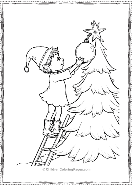 An Elf Standing On A Ladder Hanging A Big Shiny Ornament Free PDF Printable