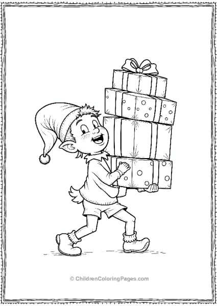 An Elf Struggling To Carry A Huge Stack Of Wrapped Gifts Free PDF Printable