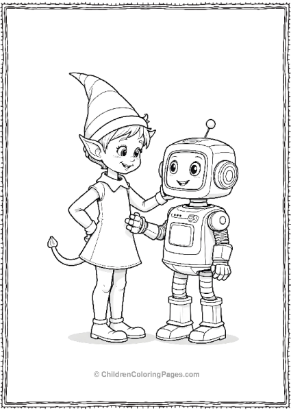 An Elf Testing A Toy Robot Which Is Waving And Lighting Up Free PDF Printable