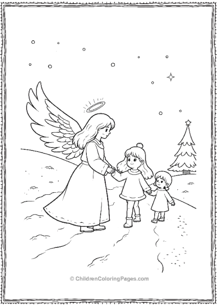 Angels Guiding Children In Snowy Christmas Eve Free PDF Printable